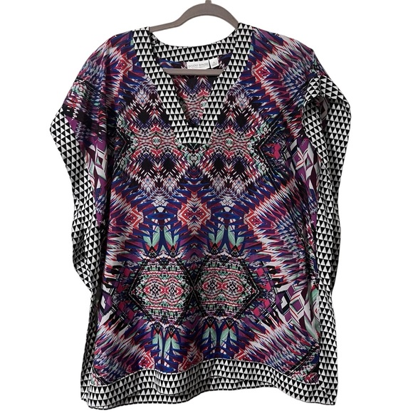 Bisou Bisou Multicolor Geometric Scarf Blouse Size Small Oversized Flowy Boho - Picture 1 of 6